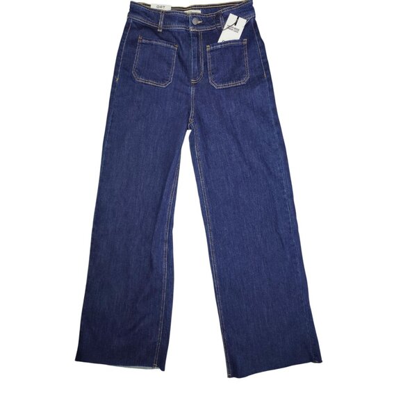 Oat Wide Leg High Rise Dark Wash Jeans Raw Hem Patch Pockets 8/29 NWT - Picture 1 of 6